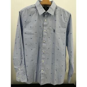 U.S. Polo Assn Tailored Fit Dress Shirt Blue Stripe Horse Print Men's Large 42cm
